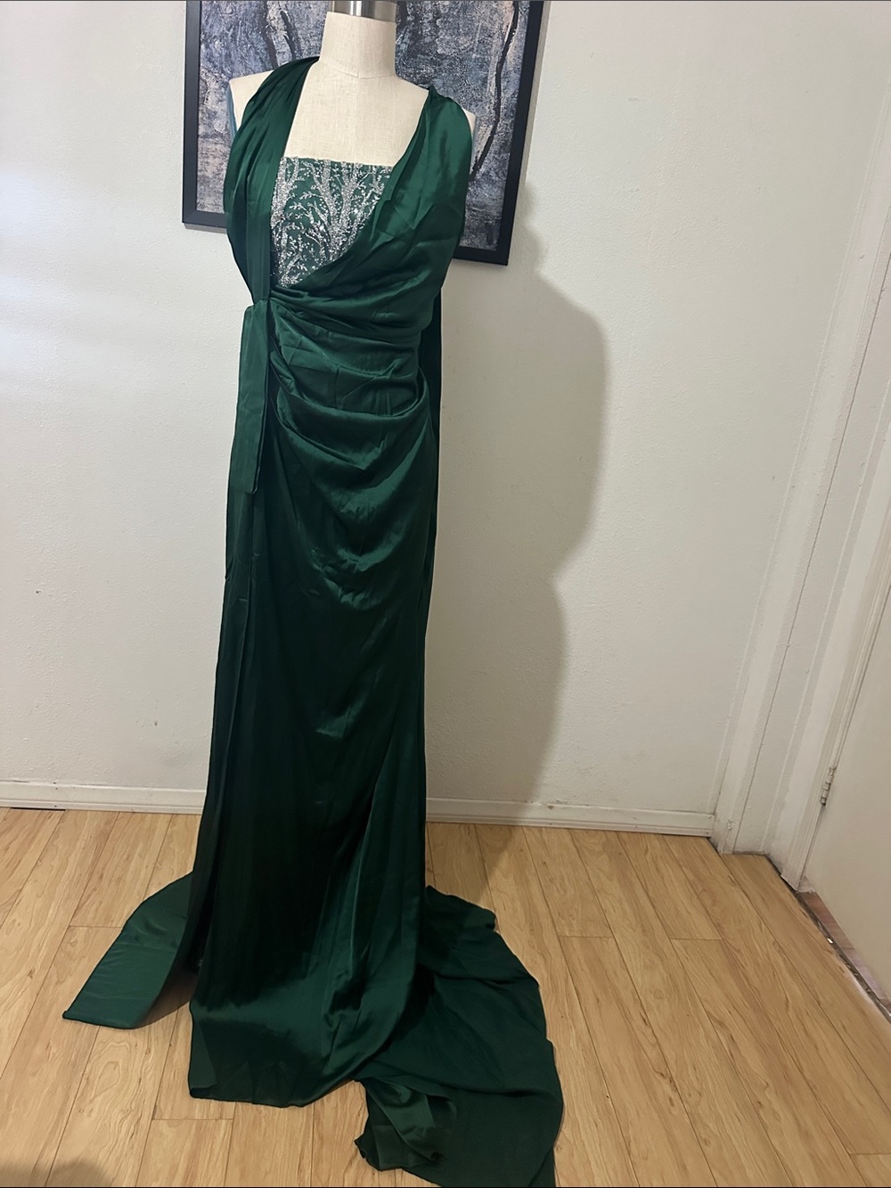 Emerald Green Satin Draped Prom Gown with Embellished Bodice